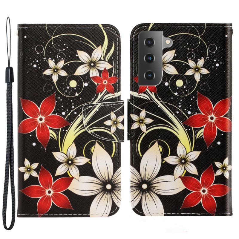 Capa De Couro Para Samsung Galaxy S22 Plus 5G De Cordão Flores Coloridas Com Tiras