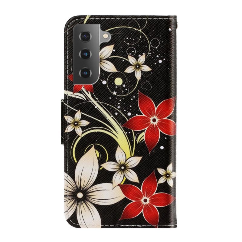 Capa De Couro Para Samsung Galaxy S22 Plus 5G De Cordão Flores Coloridas Com Tiras