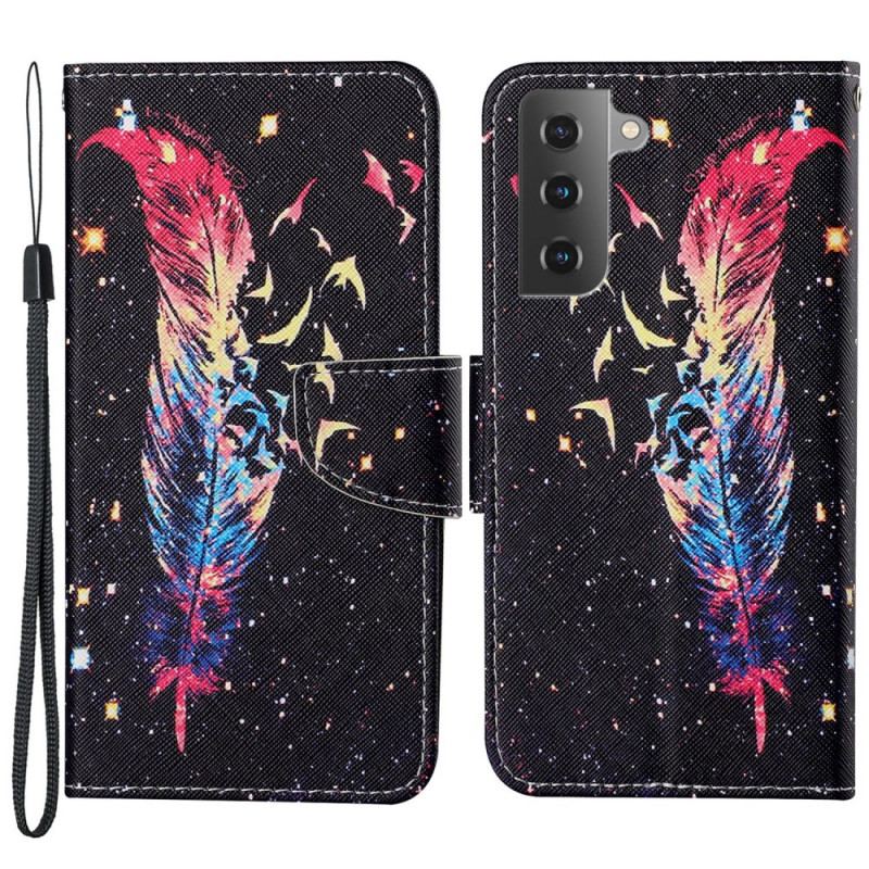 Capa De Couro Para Samsung Galaxy S22 Plus 5G De Cordão Pena Colorida Com Alça