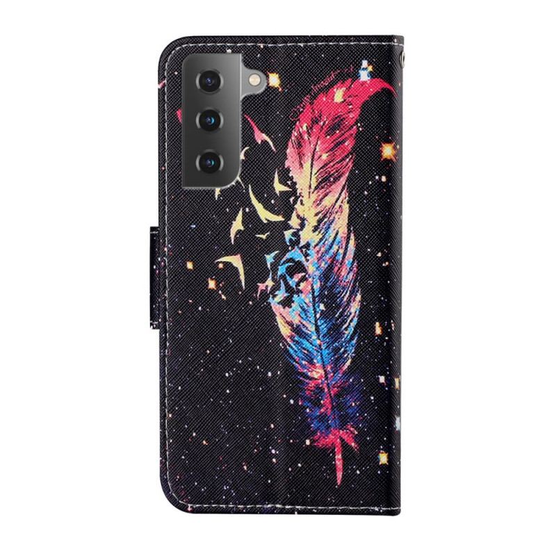 Capa De Couro Para Samsung Galaxy S22 Plus 5G De Cordão Pena Colorida Com Alça