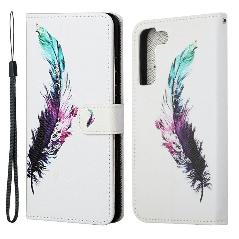 Capa De Couro Para Samsung Galaxy S22 Plus 5G De Cordão Pena Com Cordão