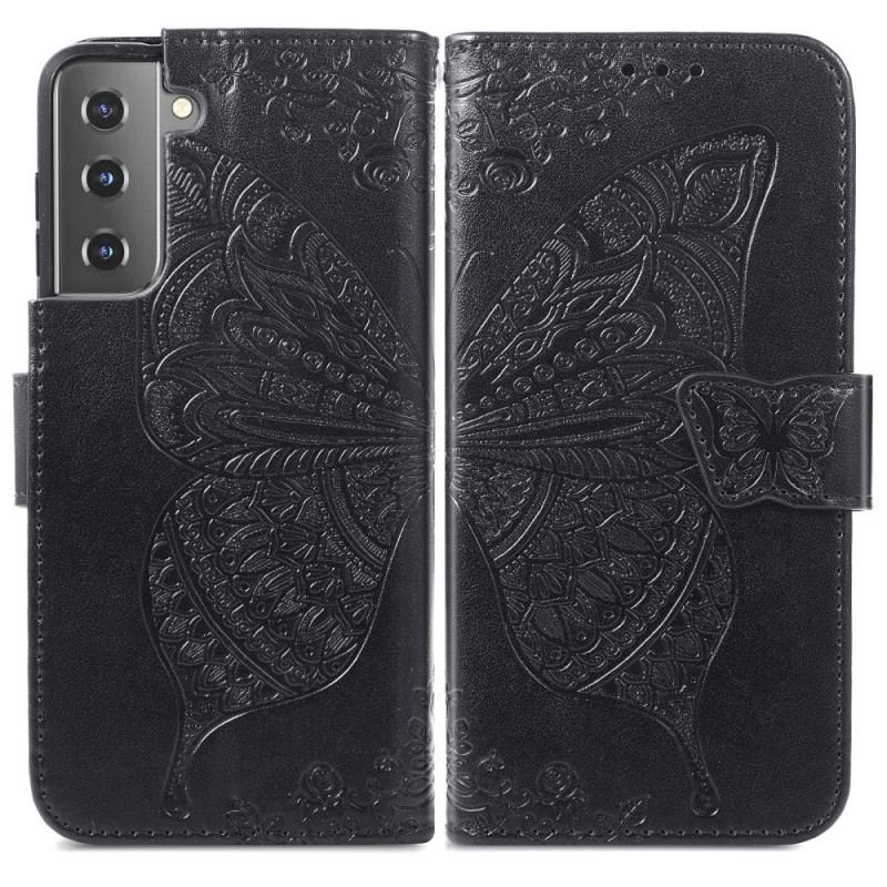 Capa De Couro Para Samsung Galaxy S22 Plus 5G Design De Borboleta Com Cordão