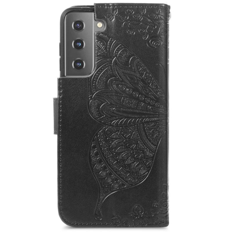 Capa De Couro Para Samsung Galaxy S22 Plus 5G Design De Borboleta Com Cordão