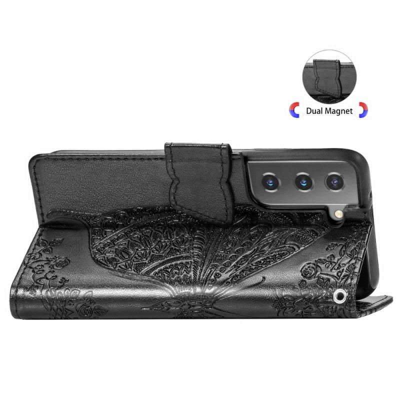 Capa De Couro Para Samsung Galaxy S22 Plus 5G Design De Borboleta Com Cordão