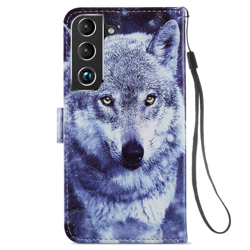 Capa De Couro Para Samsung Galaxy S22 Plus 5G Lindos Lobos Com Cordão