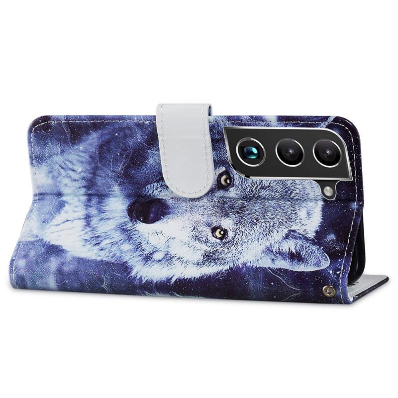 Capa De Couro Para Samsung Galaxy S22 Plus 5G Lindos Lobos Com Cordão