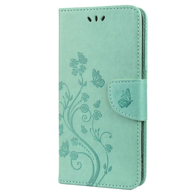 Capa Em Pele Para Samsung Galaxy S22 Plus 5G Borboletas E Flores Com Cordão