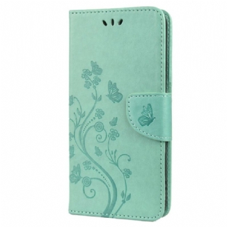 Capa Em Pele Para Samsung Galaxy S22 Plus 5G Borboletas E Flores Com Cordão