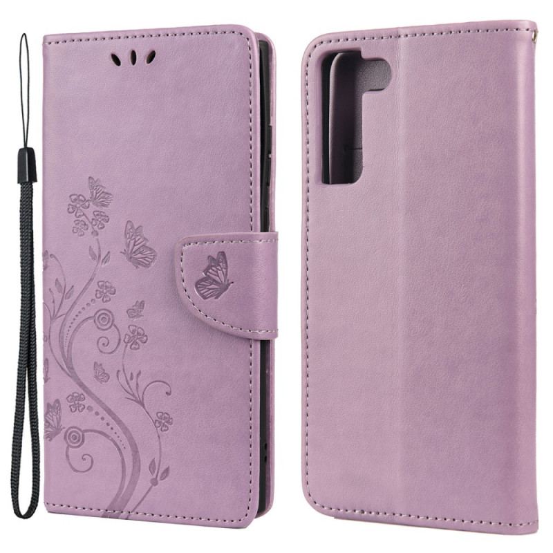 Capa Em Pele Para Samsung Galaxy S22 Plus 5G Borboletas E Flores Com Cordão