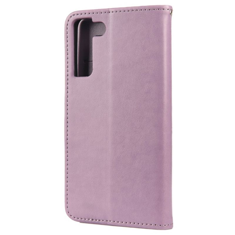 Capa Em Pele Para Samsung Galaxy S22 Plus 5G Borboletas E Flores Com Cordão