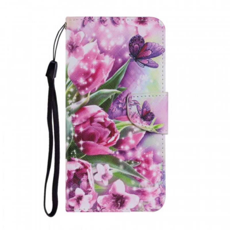 Capa Em Pele Para Samsung Galaxy S22 Plus 5G Borboletas E Tulipas