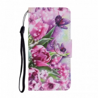 Capa Em Pele Para Samsung Galaxy S22 Plus 5G Borboletas E Tulipas