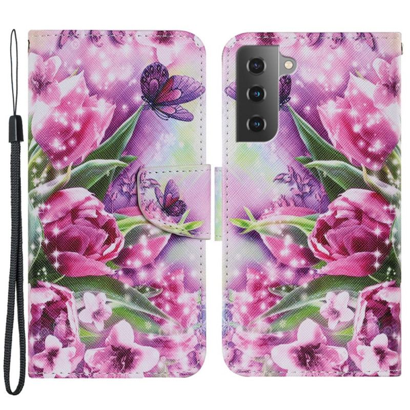 Capa Em Pele Para Samsung Galaxy S22 Plus 5G Borboletas E Tulipas