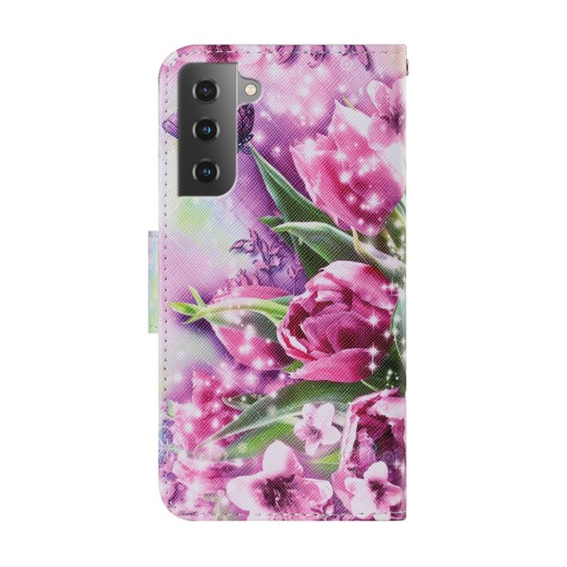 Capa Em Pele Para Samsung Galaxy S22 Plus 5G Borboletas E Tulipas