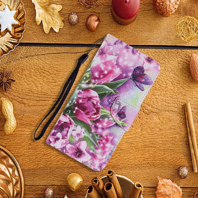 Capa Em Pele Para Samsung Galaxy S22 Plus 5G Borboletas E Tulipas