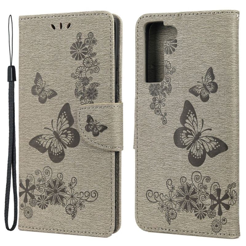 Capa Em Pele Para Samsung Galaxy S22 Plus 5G De Cordão Borboletas Esplêndidas