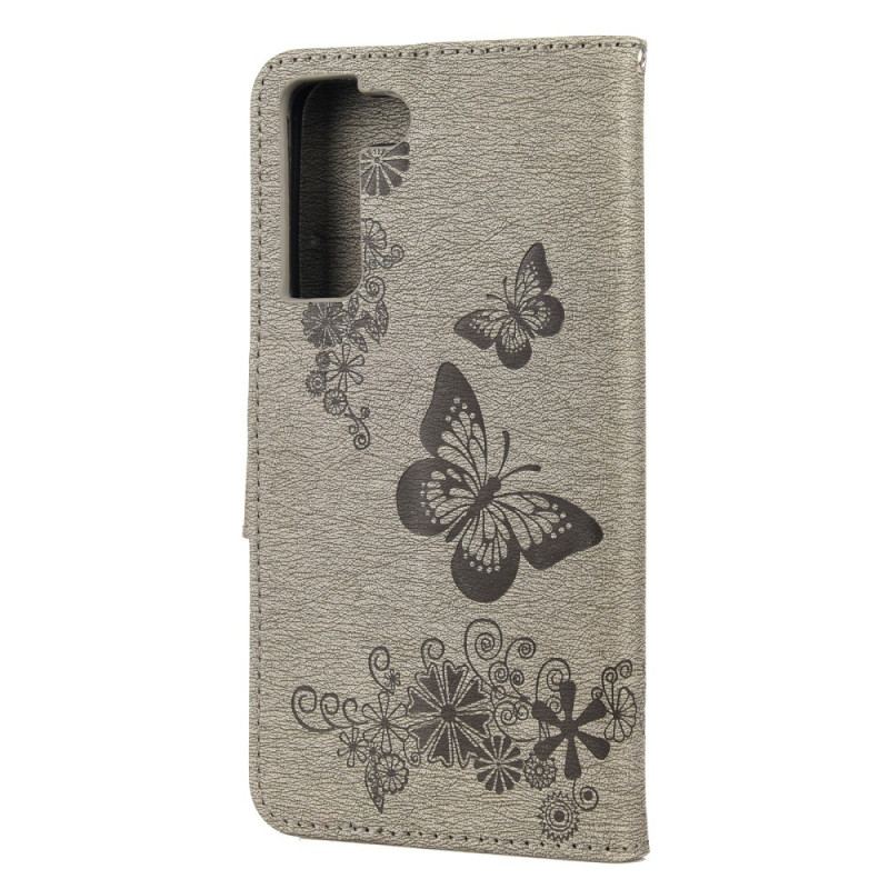 Capa Em Pele Para Samsung Galaxy S22 Plus 5G De Cordão Borboletas Esplêndidas