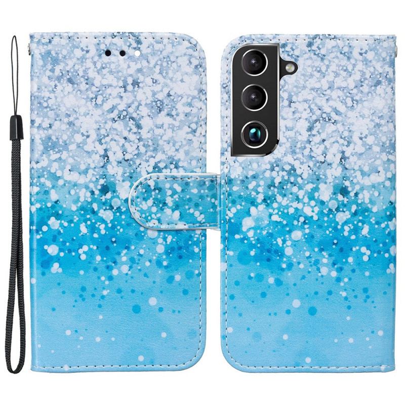 Capa Em Pele Para Samsung Galaxy S22 Plus 5G Degradê De Glitter Azul