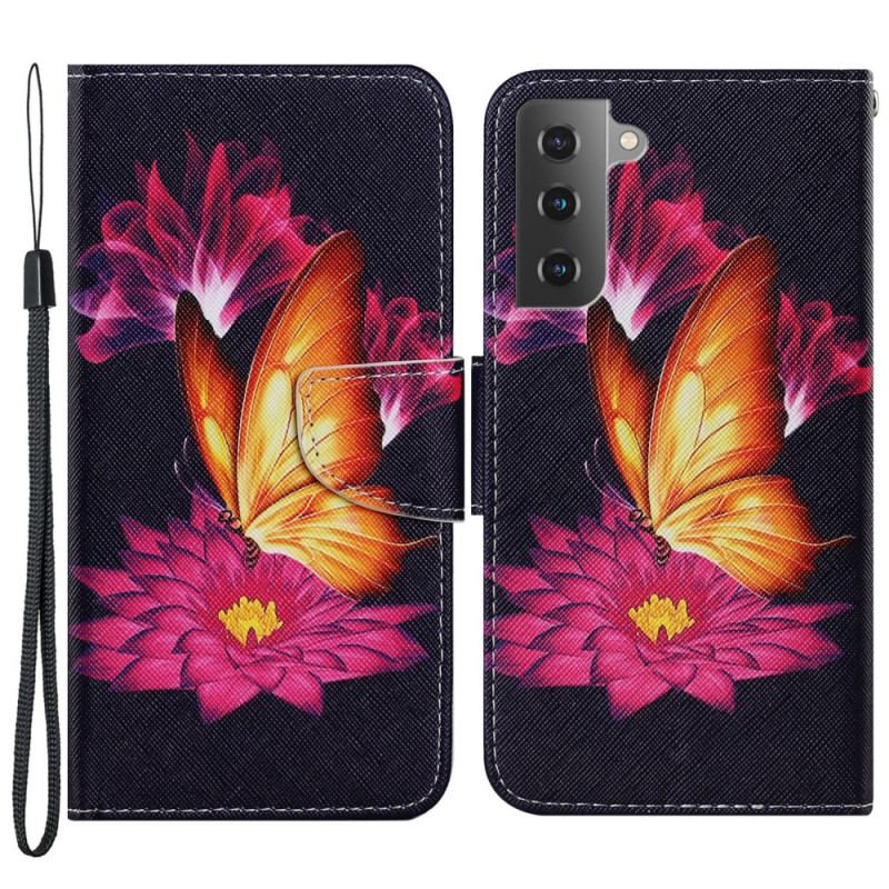 Capa Flip Para Samsung Galaxy S22 Plus 5G Borboleta E Lótus