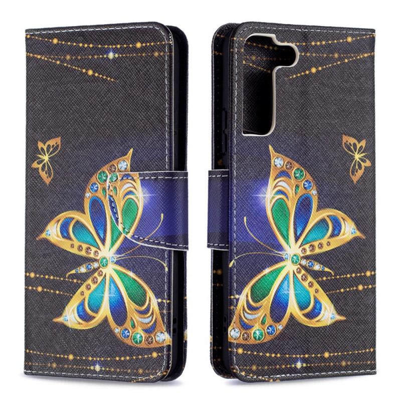 Capa Flip Para Samsung Galaxy S22 Plus 5G Borboletas Douradas