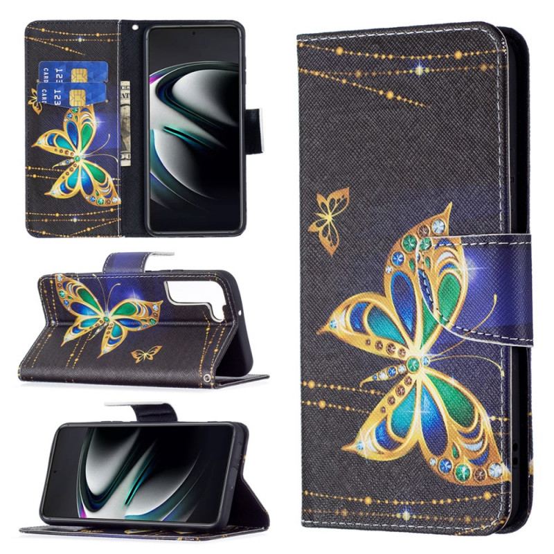 Capa Flip Para Samsung Galaxy S22 Plus 5G Borboletas Douradas