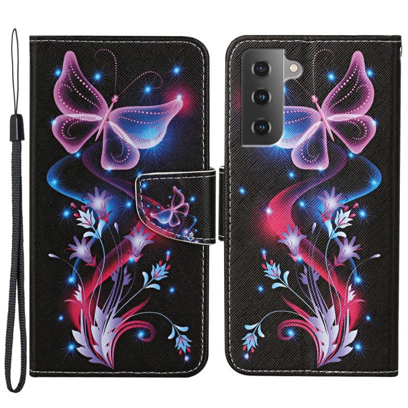 Capa Flip Para Samsung Galaxy S22 Plus 5G Borboletas E Cordão