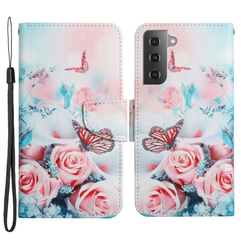 Capa Flip Para Samsung Galaxy S22 Plus 5G Buquê De Flores E Borboletas