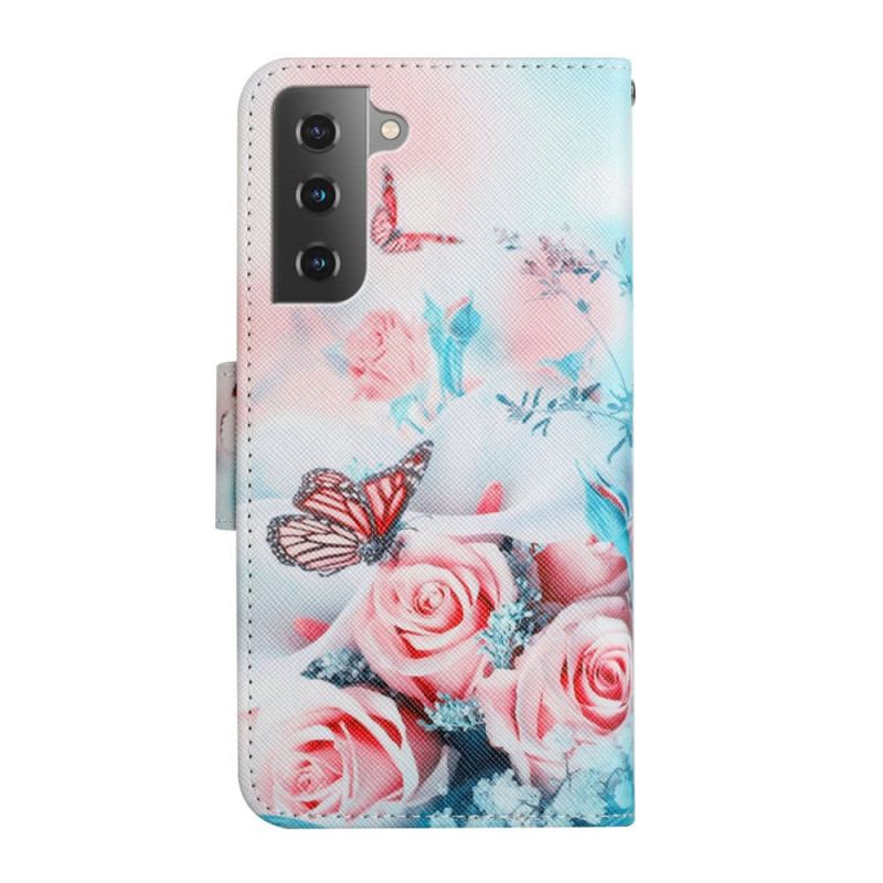 Capa Flip Para Samsung Galaxy S22 Plus 5G Buquê De Flores E Borboletas