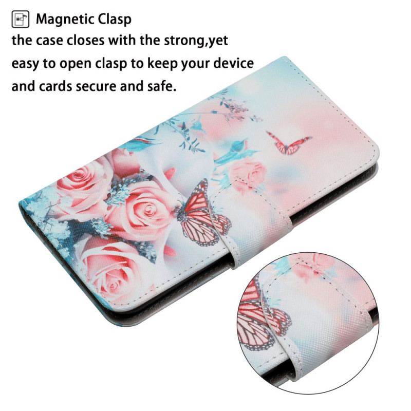 Capa Flip Para Samsung Galaxy S22 Plus 5G Buquê De Flores E Borboletas