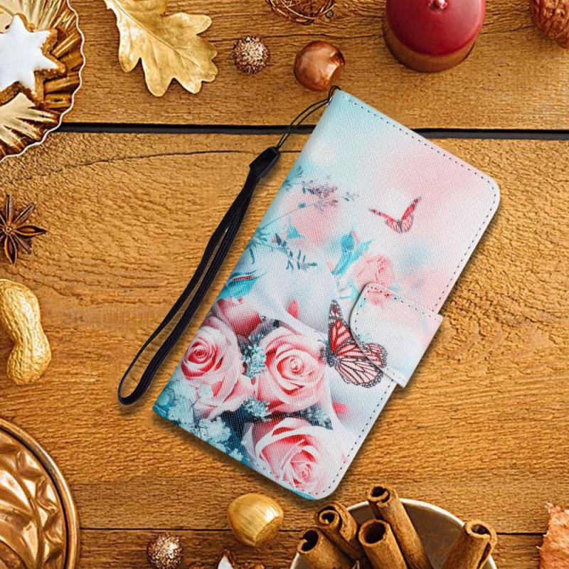 Capa Flip Para Samsung Galaxy S22 Plus 5G Buquê De Flores E Borboletas