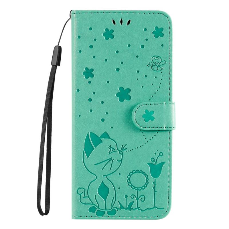 Capa Flip Para Samsung Galaxy S22 Plus 5G De Cordão Gato E Abelha Com Cordão