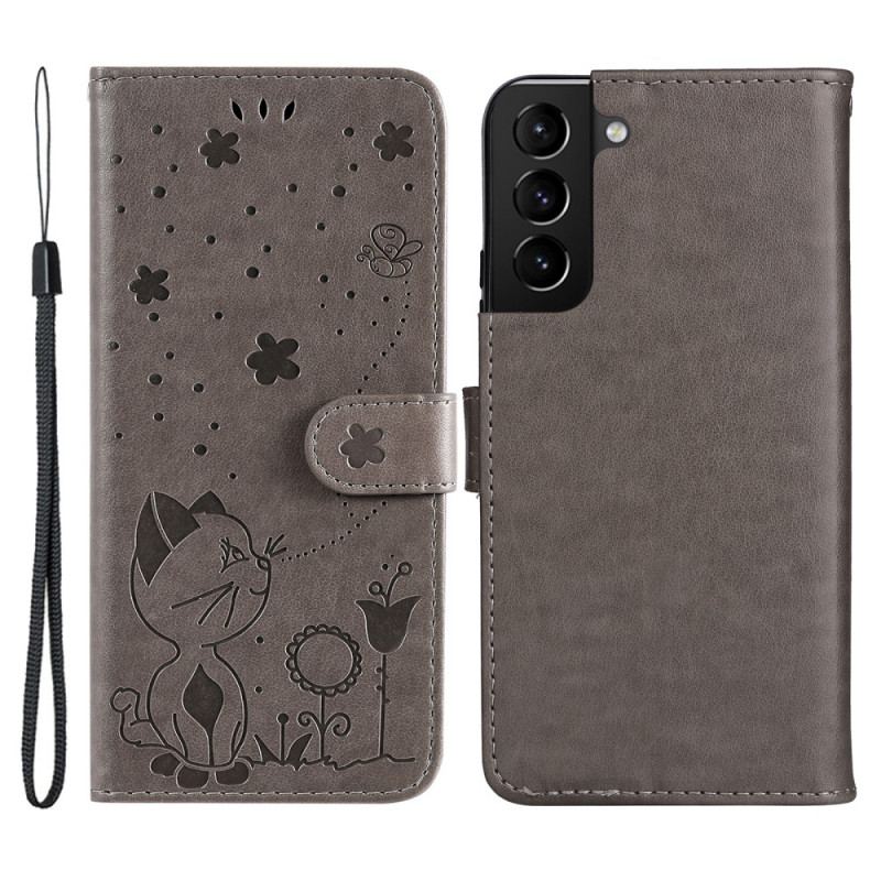 Capa Flip Para Samsung Galaxy S22 Plus 5G De Cordão Gato E Abelha Com Cordão