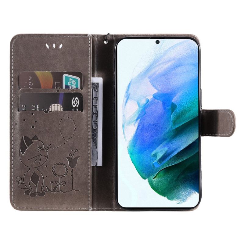 Capa Flip Para Samsung Galaxy S22 Plus 5G De Cordão Gato E Abelha Com Cordão