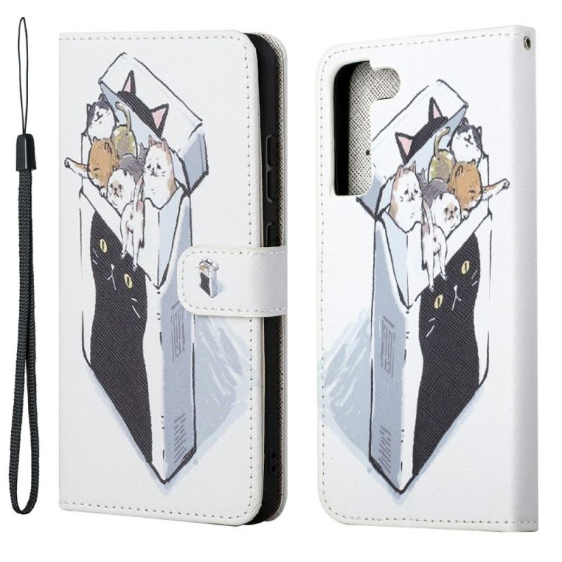 Capa Flip Para Samsung Galaxy S22 Plus 5G De Cordão Gatos De Entrega Com Tangas