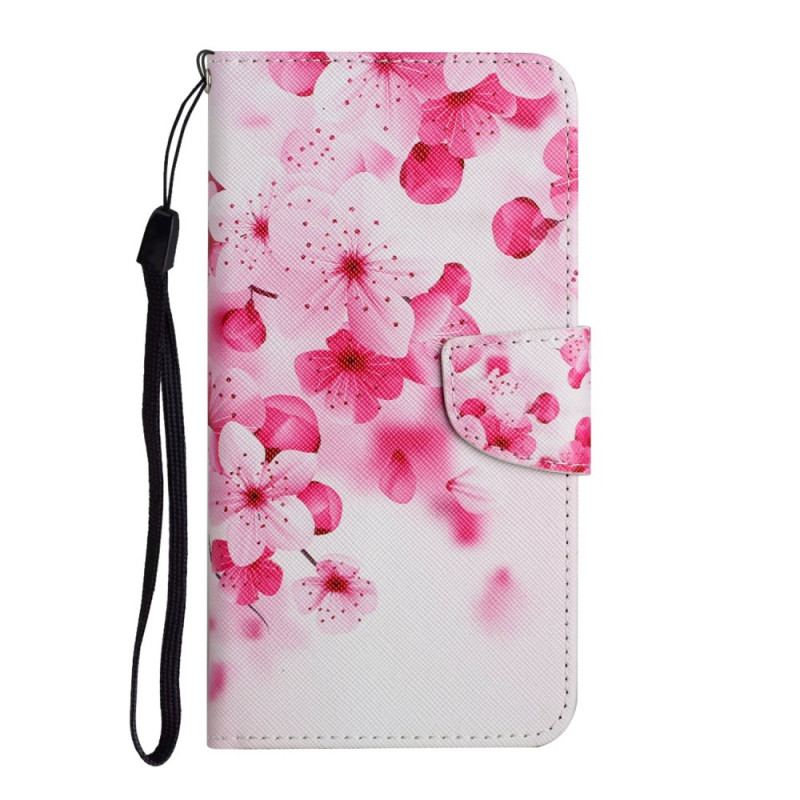 Capa Flip Para Samsung Galaxy S22 Plus 5G De Cordão Ramo Florido Com Alça