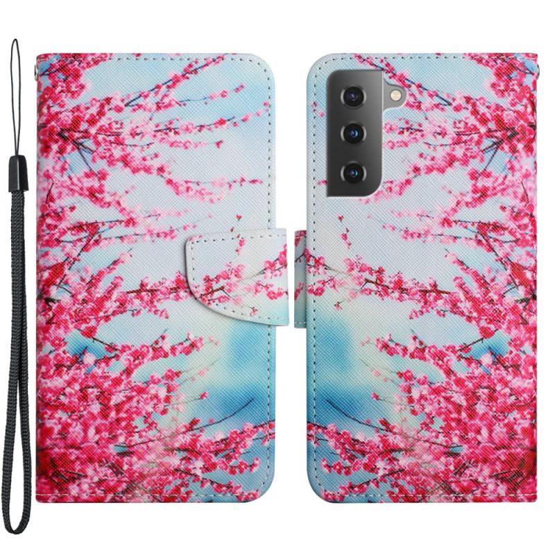 Capa Flip Para Samsung Galaxy S22 Plus 5G De Cordão Ramo Florido Com Alça