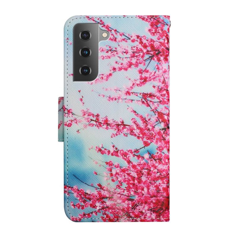 Capa Flip Para Samsung Galaxy S22 Plus 5G De Cordão Ramo Florido Com Alça