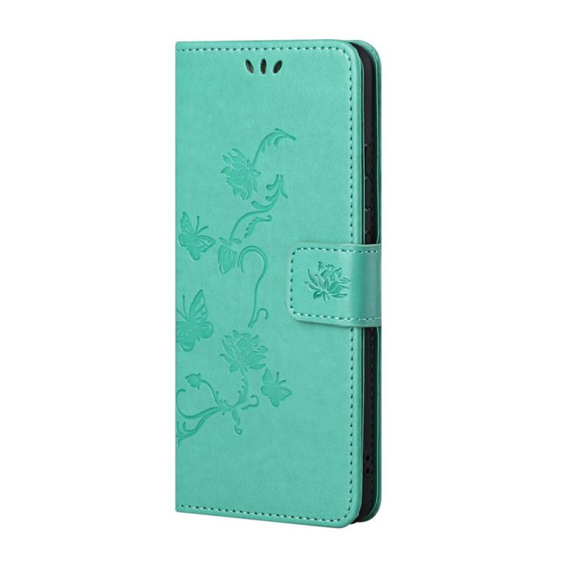 Capa Flip Para Samsung Galaxy S22 Plus 5G De Cordão Tanga Borboletas E Flores