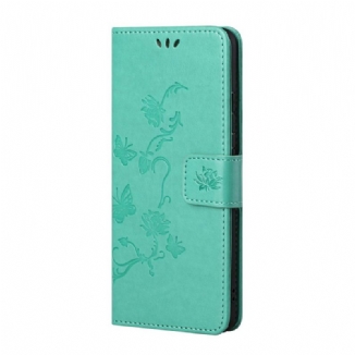 Capa Flip Para Samsung Galaxy S22 Plus 5G De Cordão Tanga Borboletas E Flores