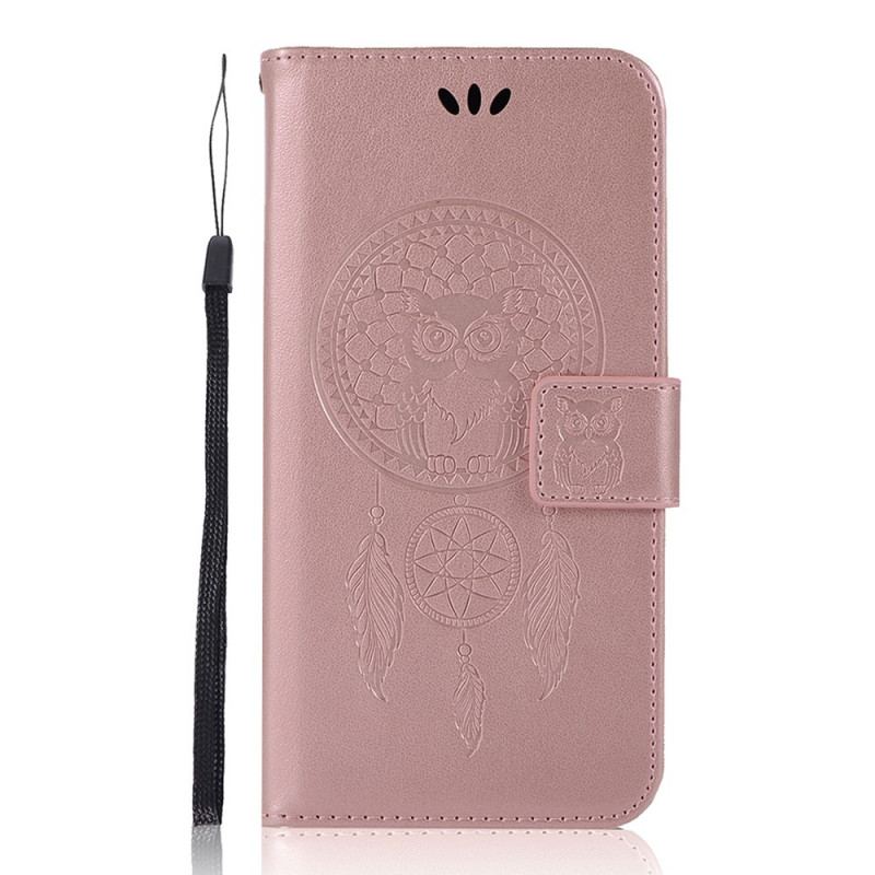 Capa Flip Para Samsung Galaxy S22 Plus 5G Coruja Apanhador De Sonhos Efeito Couro