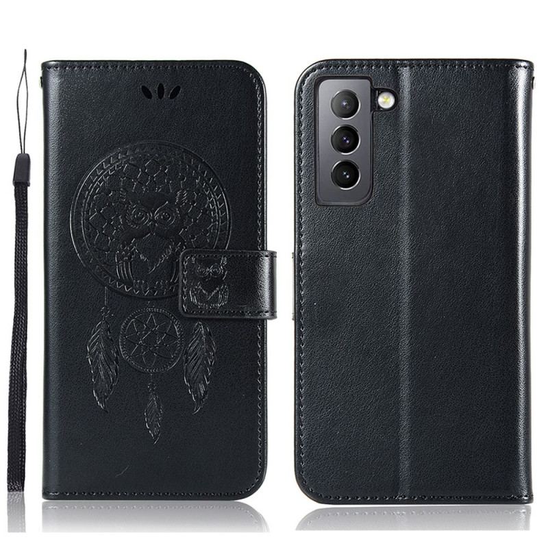 Capa Flip Para Samsung Galaxy S22 Plus 5G Coruja Apanhador De Sonhos Efeito Couro