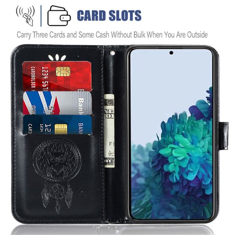 Capa Flip Para Samsung Galaxy S22 Plus 5G Coruja Apanhador De Sonhos Efeito Couro