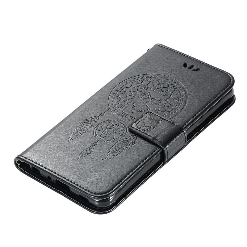 Capa Flip Para Samsung Galaxy S22 Plus 5G Coruja Apanhador De Sonhos Efeito Couro