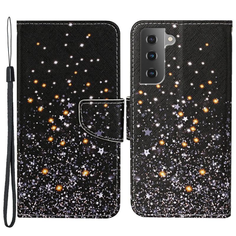 Capa Flip Para Samsung Galaxy S22 Plus 5G Estrelas E Lantejoulas Com Cordão