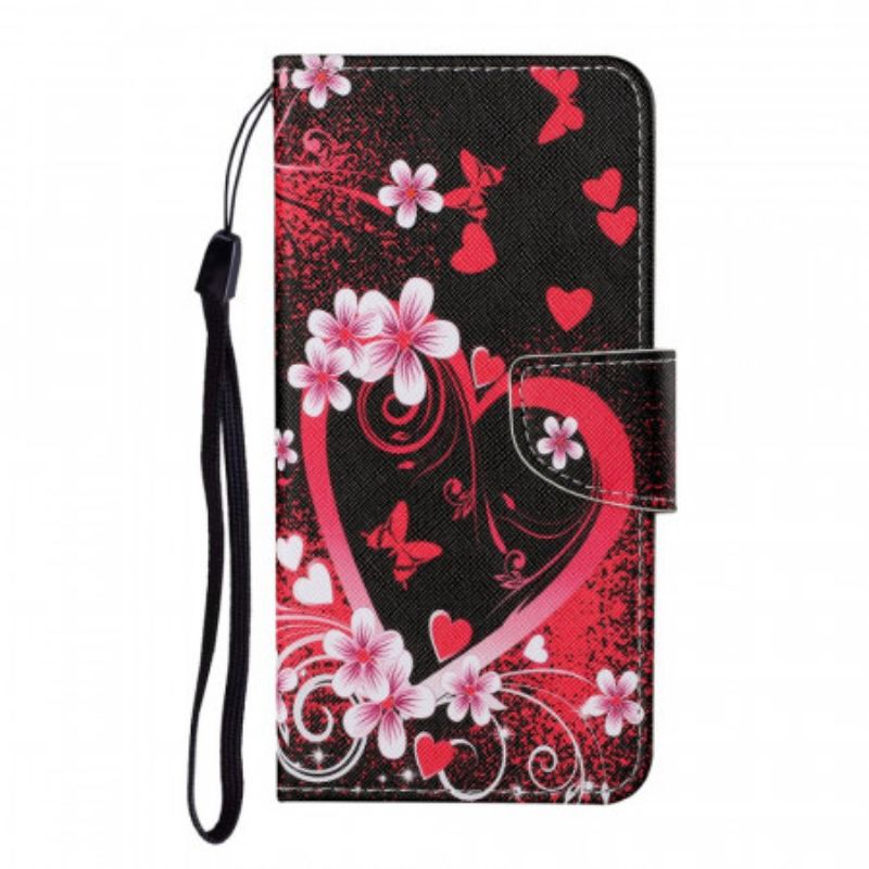 Capa Flip Para Samsung Galaxy S22 Plus 5G Flores E Corações Com Cordão