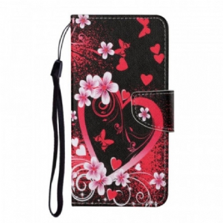 Capa Flip Para Samsung Galaxy S22 Plus 5G Flores E Corações Com Cordão