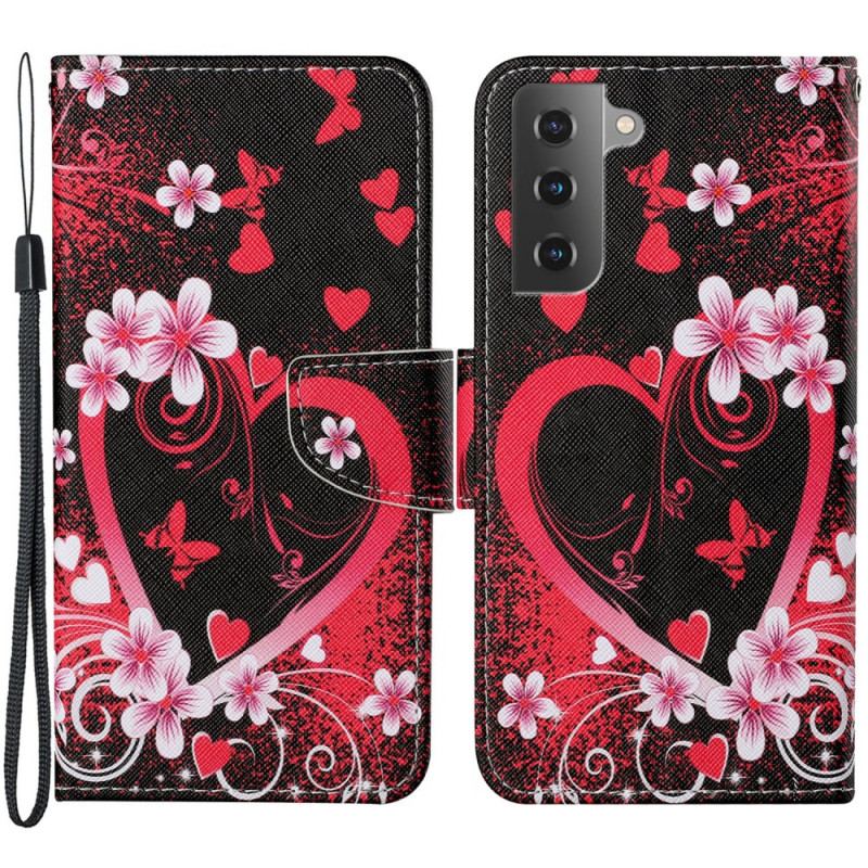 Capa Flip Para Samsung Galaxy S22 Plus 5G Flores E Corações Com Cordão