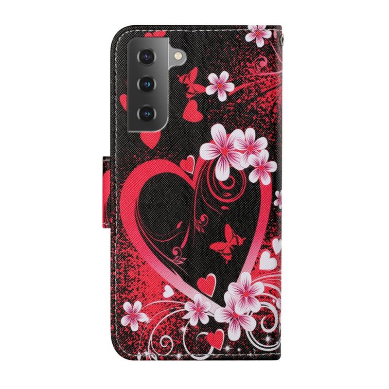 Capa Flip Para Samsung Galaxy S22 Plus 5G Flores E Corações Com Cordão