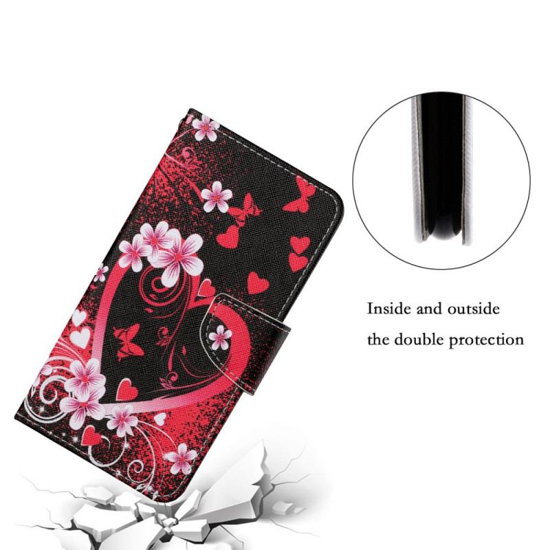 Capa Flip Para Samsung Galaxy S22 Plus 5G Flores E Corações Com Cordão