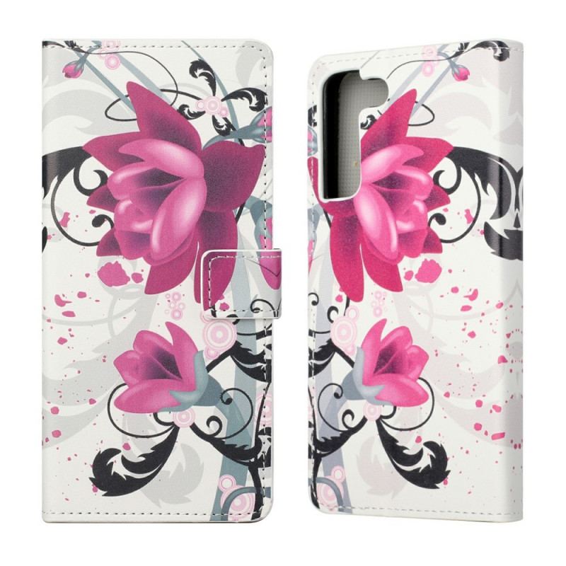 Capa Flip Para Samsung Galaxy S22 Plus 5G Flores Tropicais